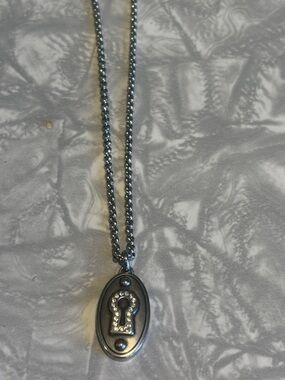 Fossil Steel Key Hole Lock Pendant W/Pave Crystals, 16” Cable Link Necklace
